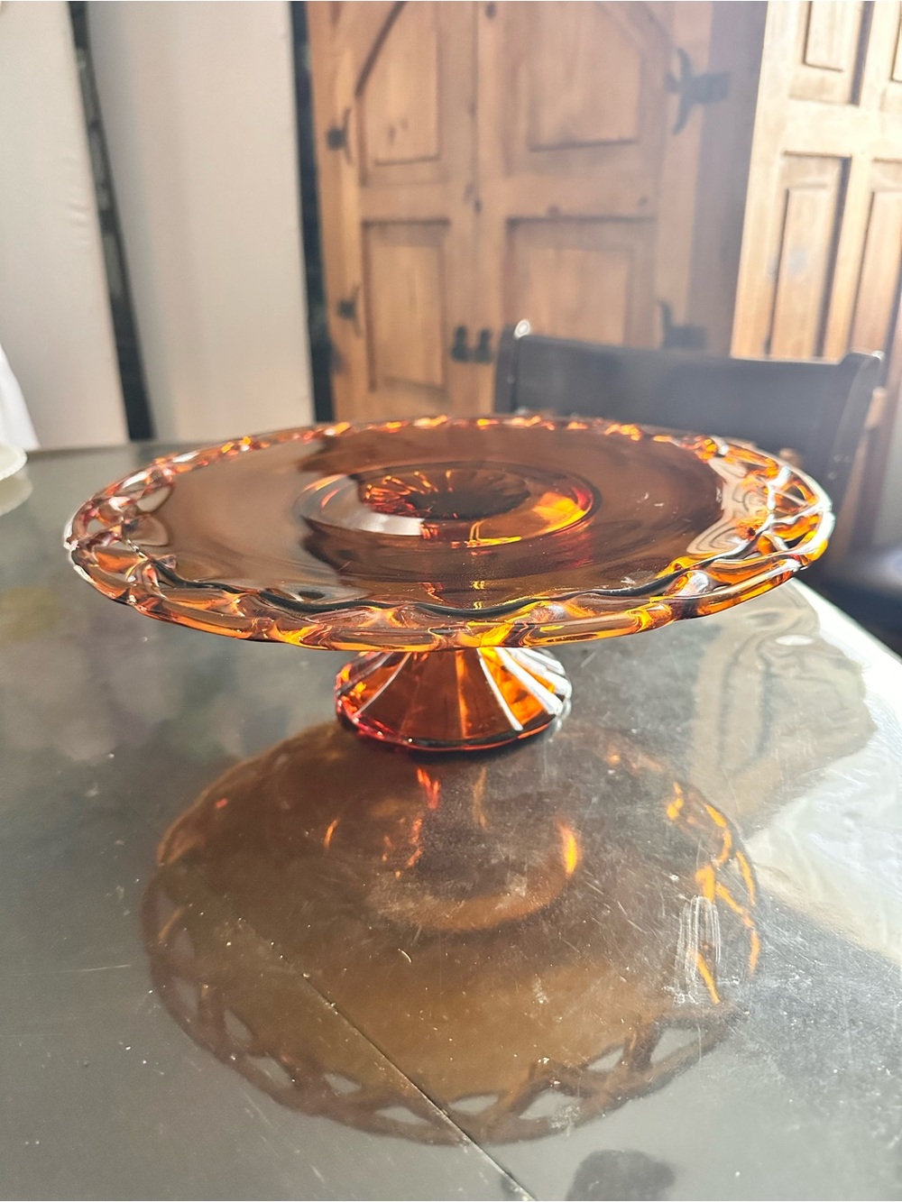 Indiana Glass Pitman Dreitzer Colony Lace Edge Amber Cake Pedestal Stand